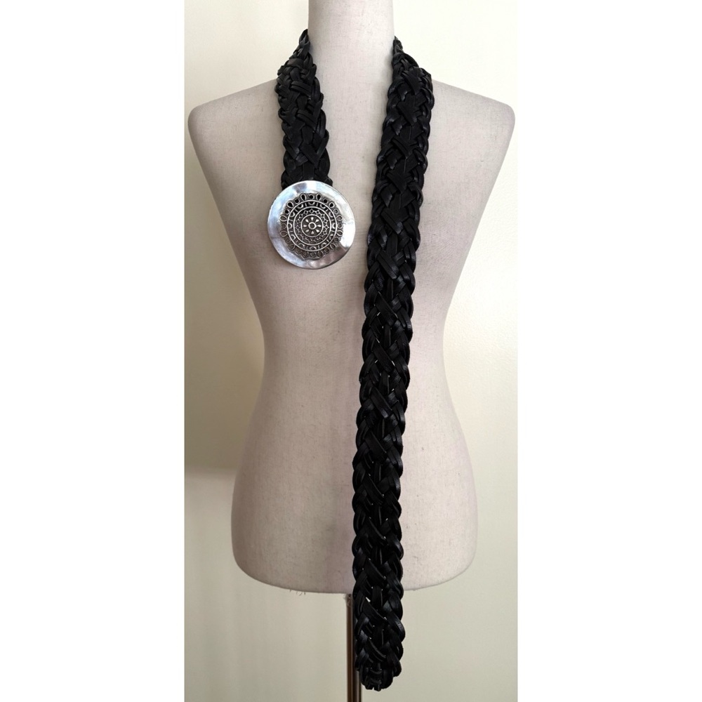 Chico's Wide Braided Black Belt Silver Medallion Buckle Boho Western Festival L
